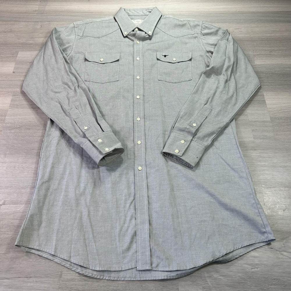 VTG Longhorn Shirt Mens XL Tall 17-37 Gray Chambray Western Button Up Made USA